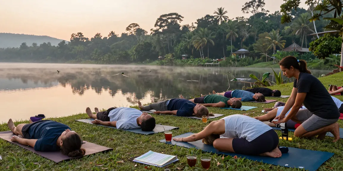 Yoga teacher training Sri Lanka participants practicing yoga poses by Koggala Lake.