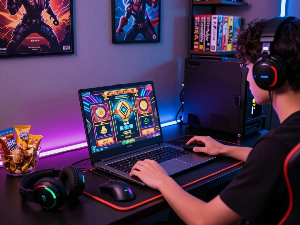 Player enjoying slot gacor games on a modern gaming setup, vibrant atmosphere with LED lights and gaming accessories.