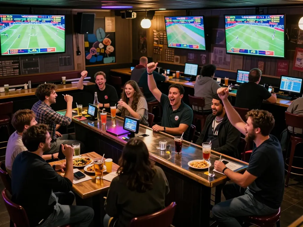 Patrons engaging in sports betting excitement at RR88 SELECT venue with lively atmosphere and multiple screens.