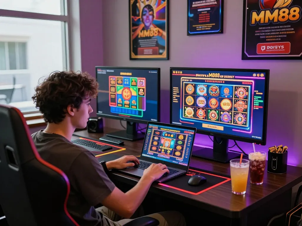 Engaging user at MM88 online casino with colorful game displays and vibrant atmosphere.