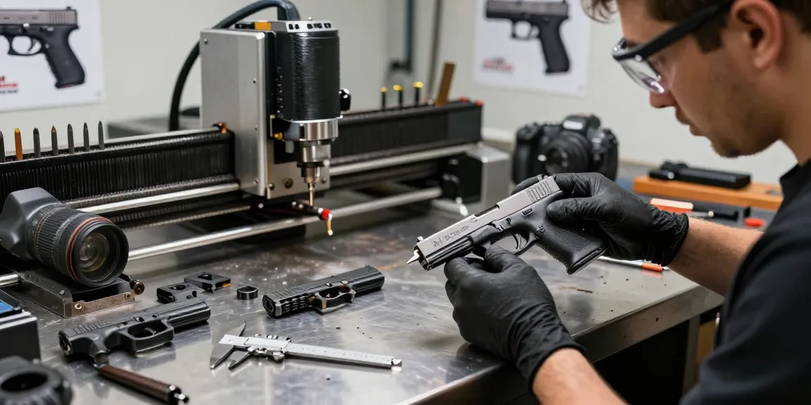 Expert gunsmith customizing Glock slides at https://precisionglockslides.com with precision tools and workshop details.