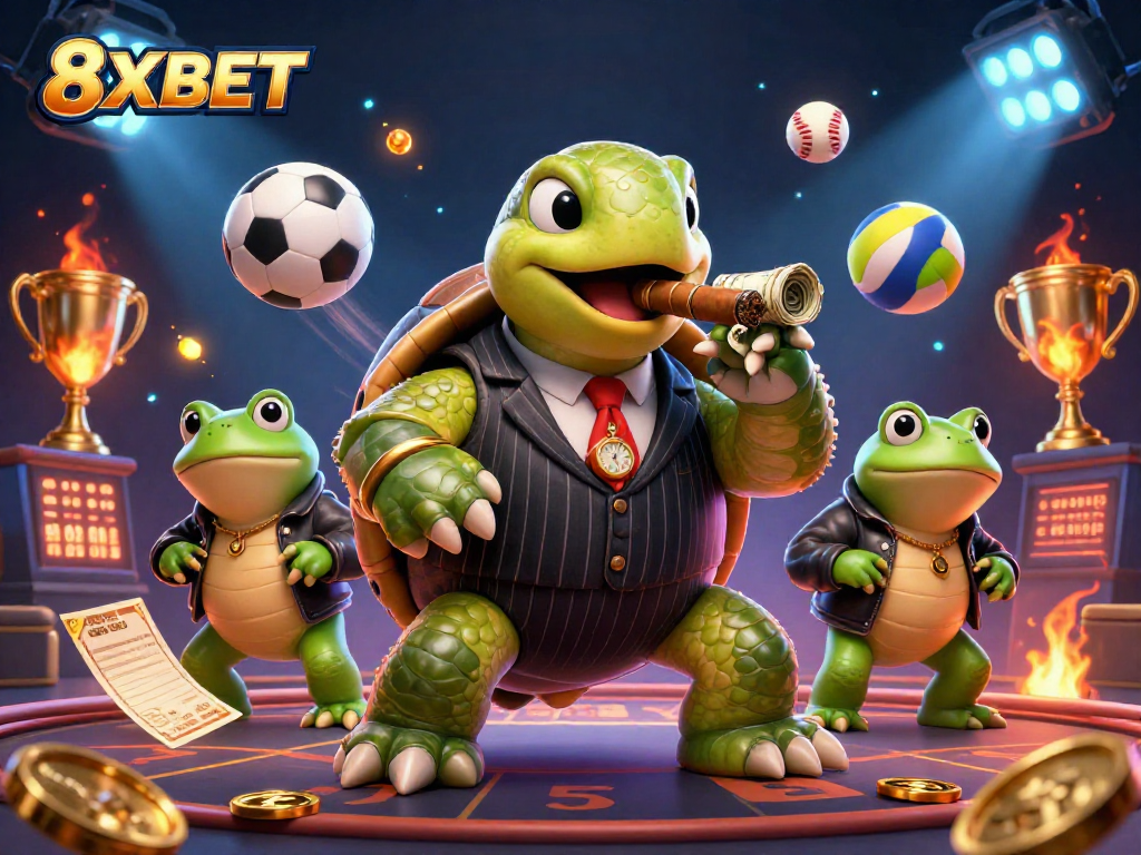 Interact with 8XBET's vibrant casino scene featuring sports action and dynamic characters.