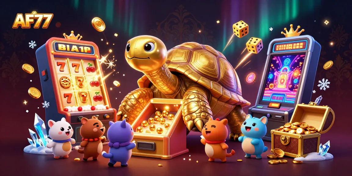 AF77 jackpot scene with a colossal tortoise pinball machine and excited animals ready to play.