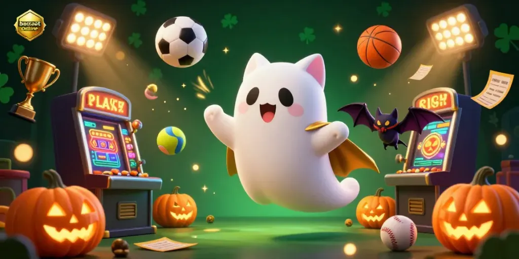 Experience baccarat online with a ghost cat and vampire bat amidst dynamic casino elements.