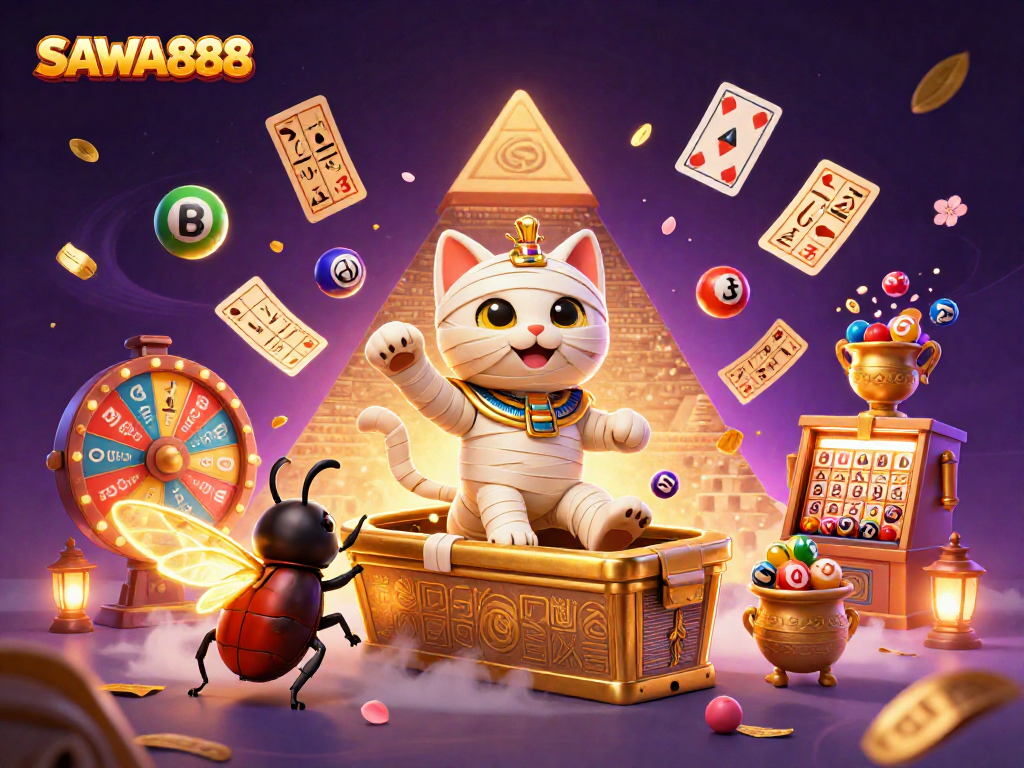 SAWA888 engages players with vibrant casino elements and a mystical atmosphere in a dynamic illustration.