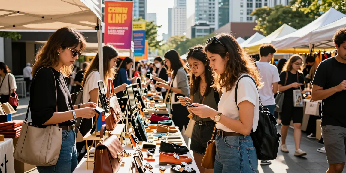 Fashion enthusiast exploring 레플리카 accessories at a vibrant urban market