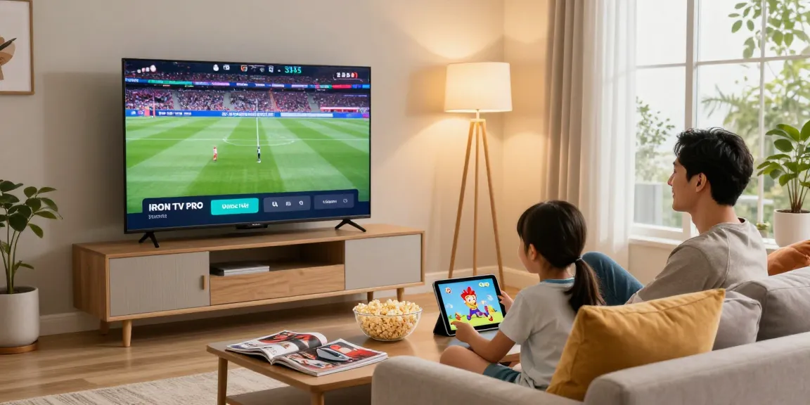 Family enjoying IRON TV streaming entertainment in a cozy living room.