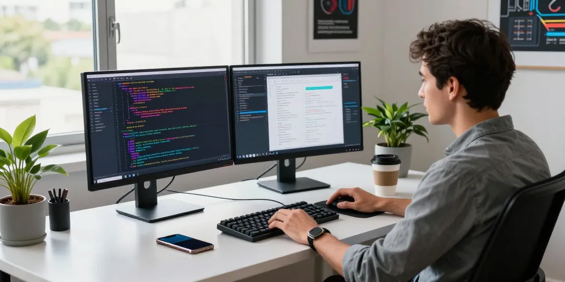 Depici Media tech workspace showcasing a developer coding with dual monitors in a modern office environment.
