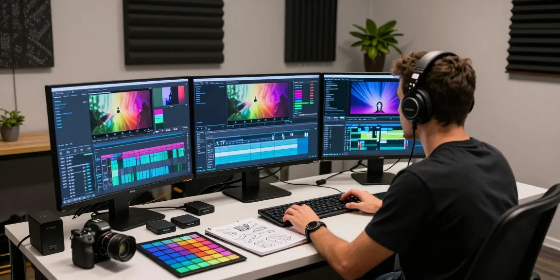 Learn video editing and motion graphics in a dynamic studio setting with multiple screens displaying vibrant editing timelines and creative tools.