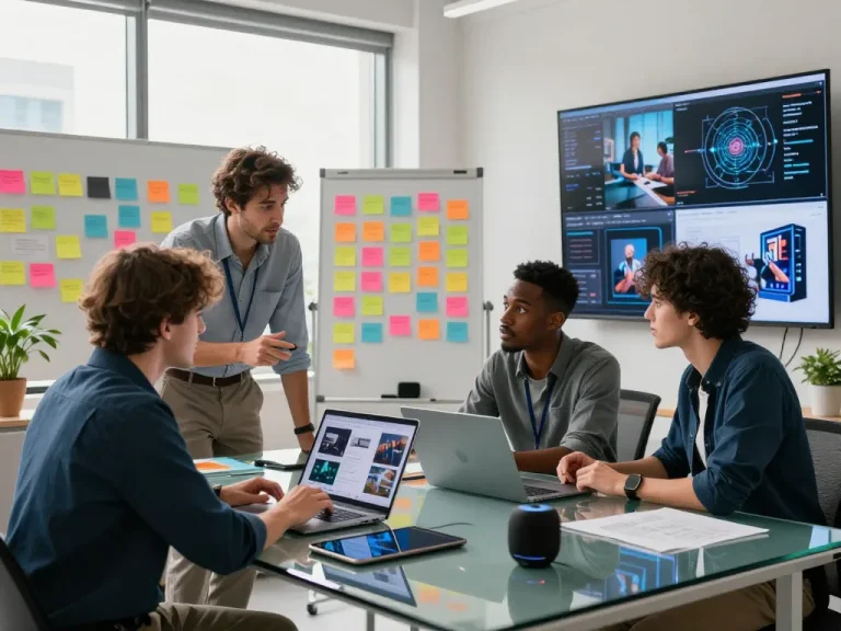 Collaborative team using image to prompt ai in a modern tech workspace.