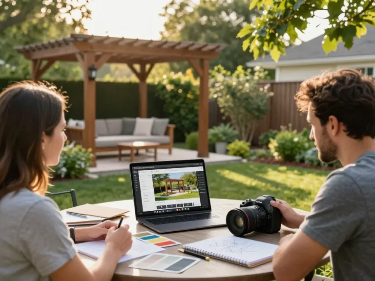 Couple collaborating with designer using a 3D Pergola Configurator in a warm backyard setting.