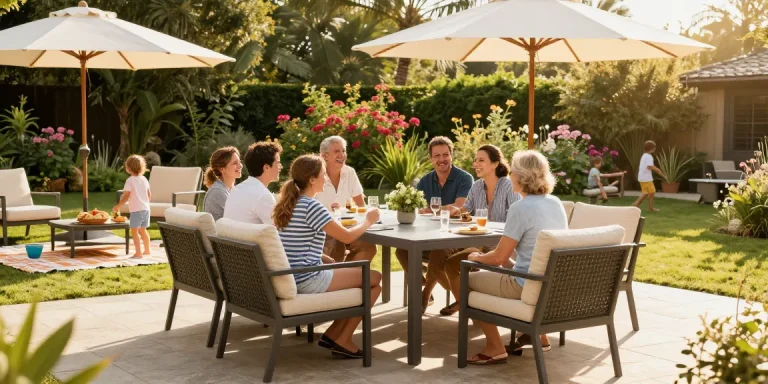 Outdoor seating furniture in a cozy family gathering, stylish dining set with cushions and umbrellas in a garden.