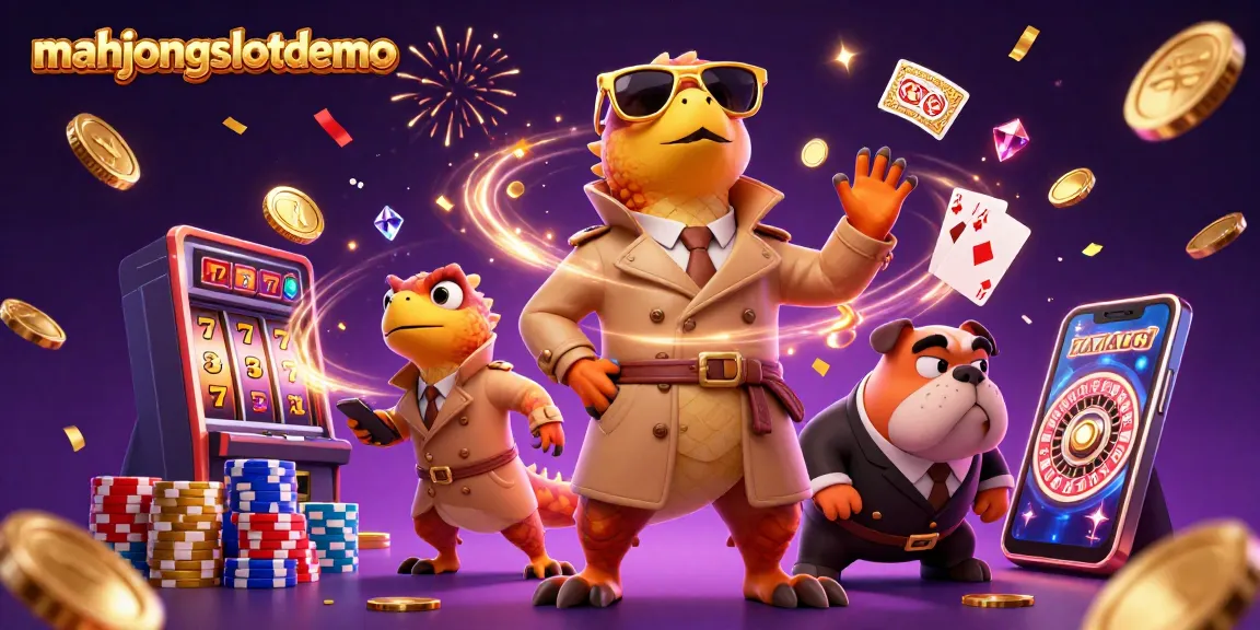 Experience fun with mahjongslotdemo, featuring three raptors playing slots in a vibrant casino scene.