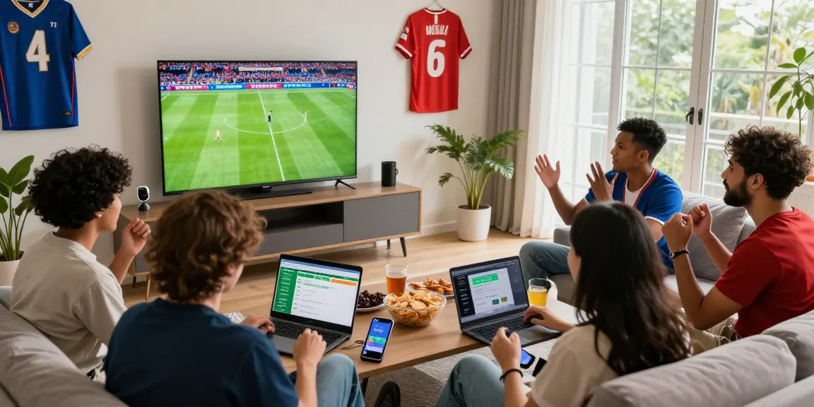 Engaging scene of friends enjoying kèo bóng đá hôm nay while watching a football match.