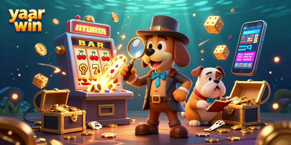 Playing slots with yaar win: Detective dog duo solving casino mysteries amidst vibrant visuals and jackpot fun.