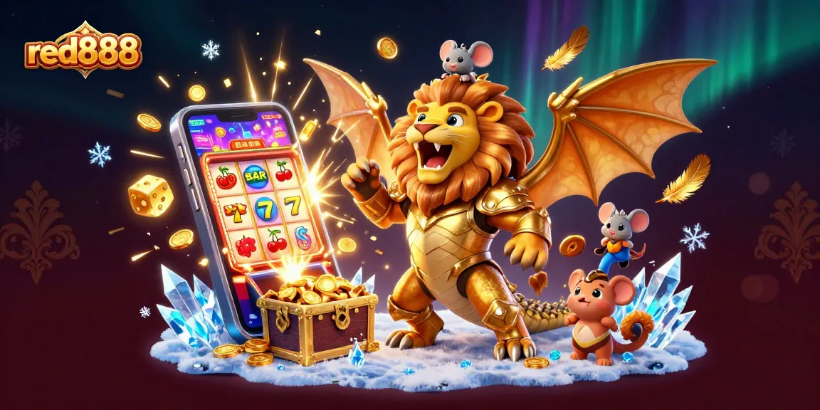 Experience the thrilling world of red888 with a golden chimera and explosive jackpot action in this vibrant illustration.