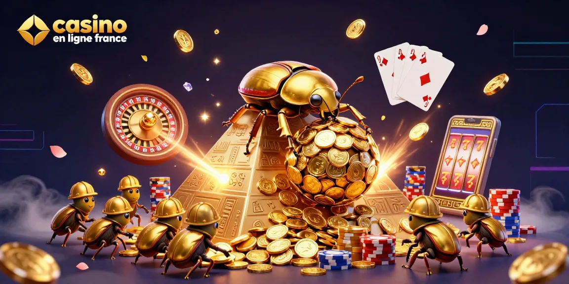 Explorer des jeux captivants sur casino en ligne France avec une illustration dynamique d'insectes dorés et des éléments de jeux.
