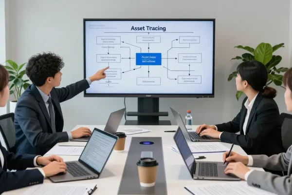 Team collaborating on asset tracing strategies in a modern office.