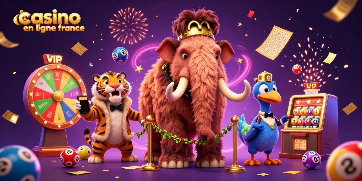 Plongez dans l'univers du casino en ligne France avec cette illustration dynamique de mammouth, tigre et dodo.