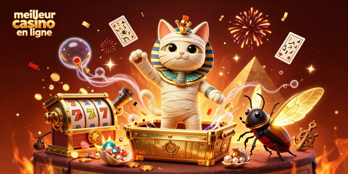 Illustration d'un chat momie du meilleur casino en ligne, entouré de trésors et de jeux fascinants.