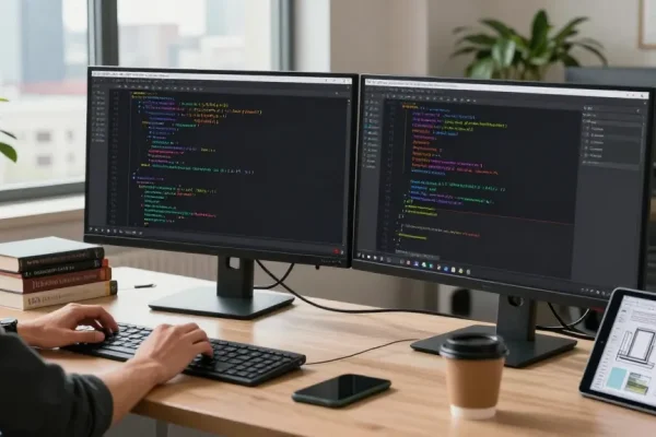 Developer utilizing 截图软件 Snipaste for efficient screen capturing and annotation in a modern workspace.