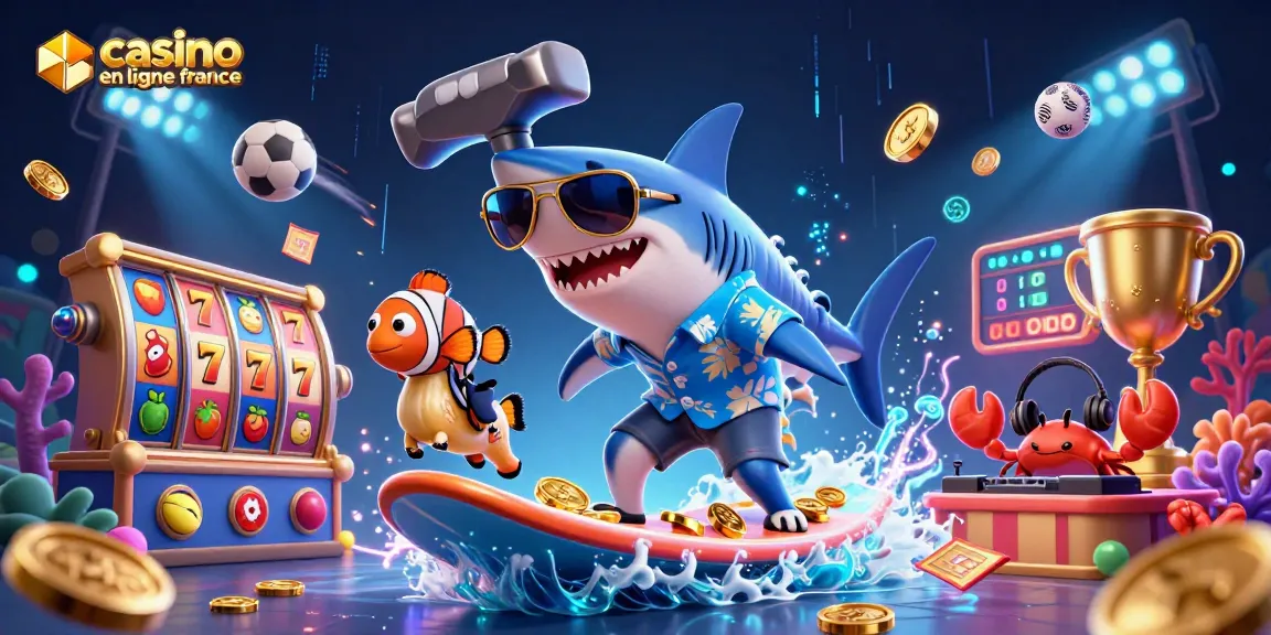 Les jeux passionnants de casino en ligne France illustrés avec un requin et un poisson clown sur une scène dynamique.