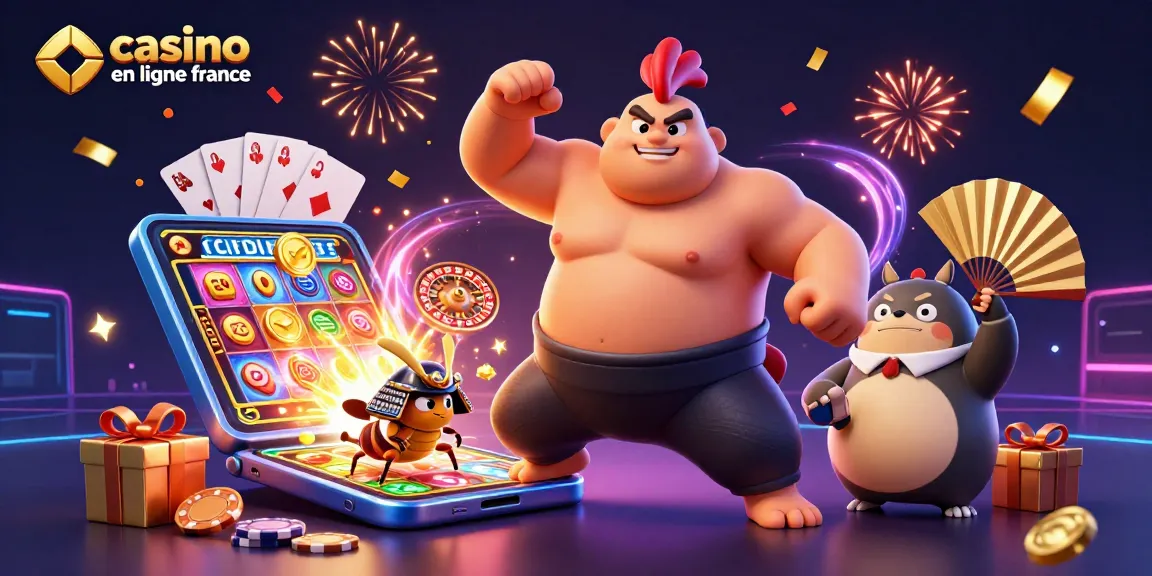 Vivez l'excitation des jeux de casino en ligne France avec une illustration dynamique de personnages et d'éléments de jeu captivants.