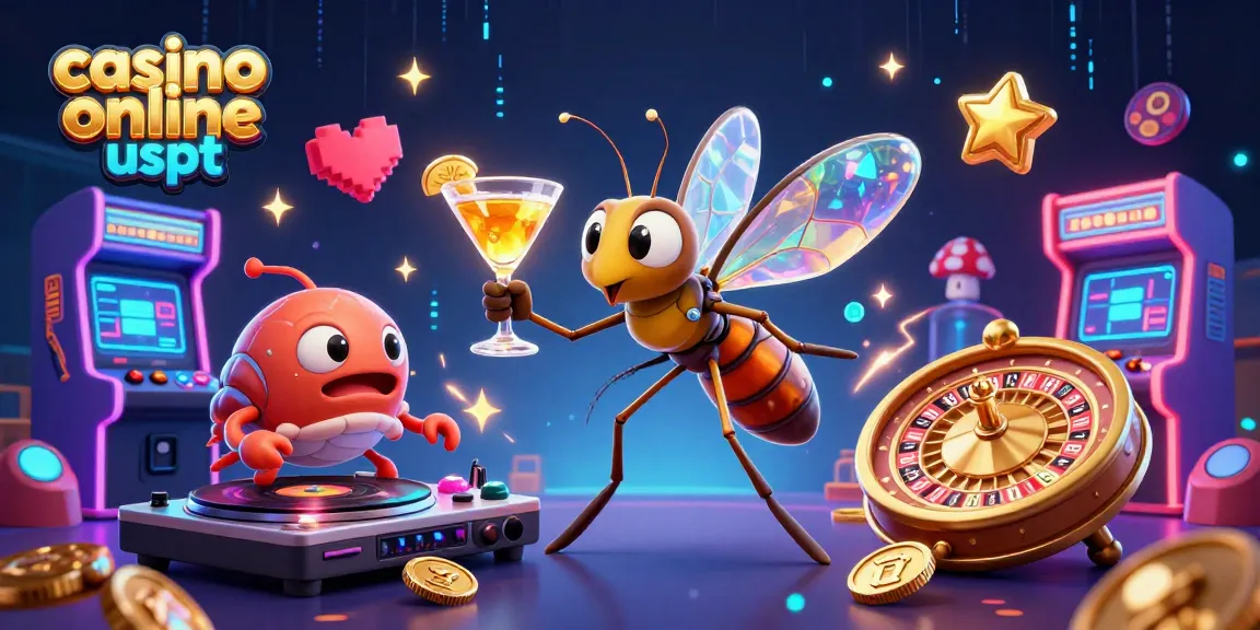 Immagine dinamica di un casino online usdt con una mosca in ambra come mascotte, illustra giochi e animazioni vivaci.