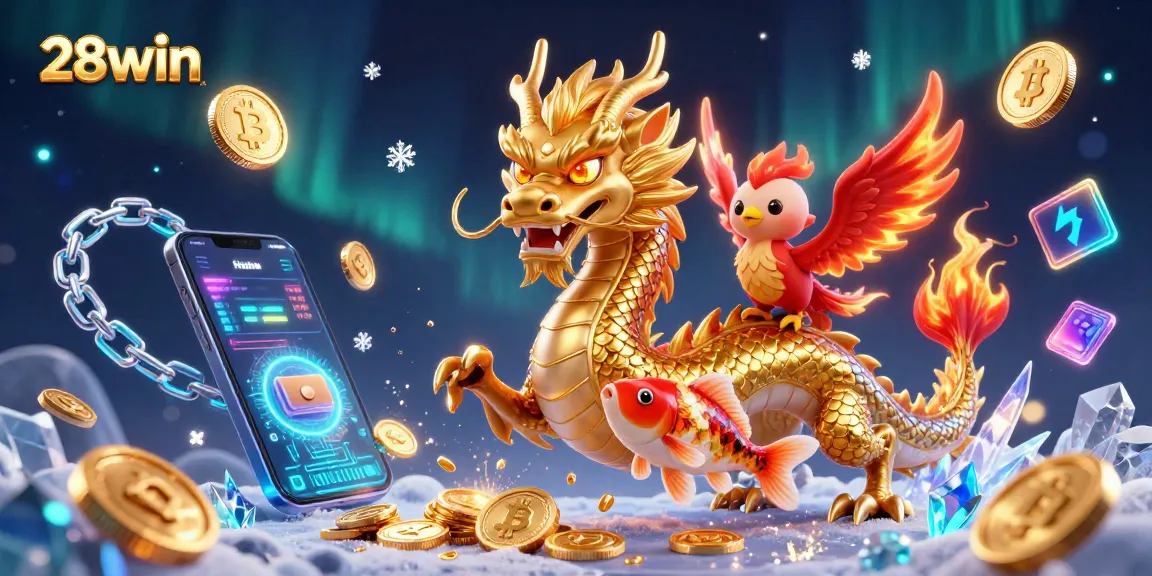 Play exciting games at 28win with a fierce golden dragon and lucky koi fish among vibrant casino elements.