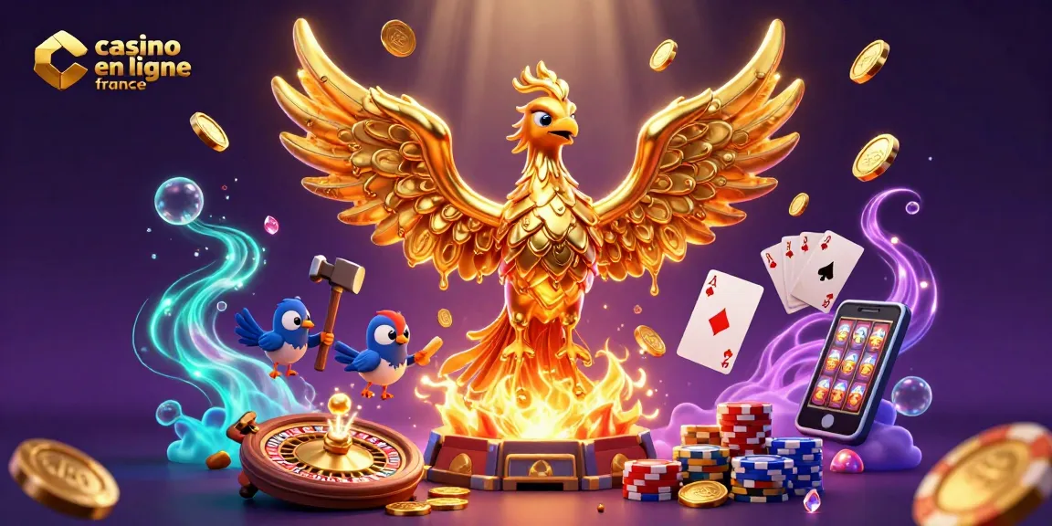 Explorez les jeux de casino en ligne en France avec cette illustration dynamique remplie de pièces d'or.