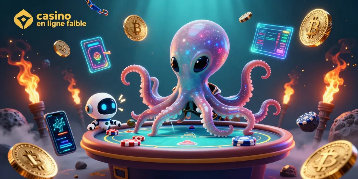 Jouez au casino en ligne fiable avec cette illustration colorée de l'octopus alien et une table de poker holographique