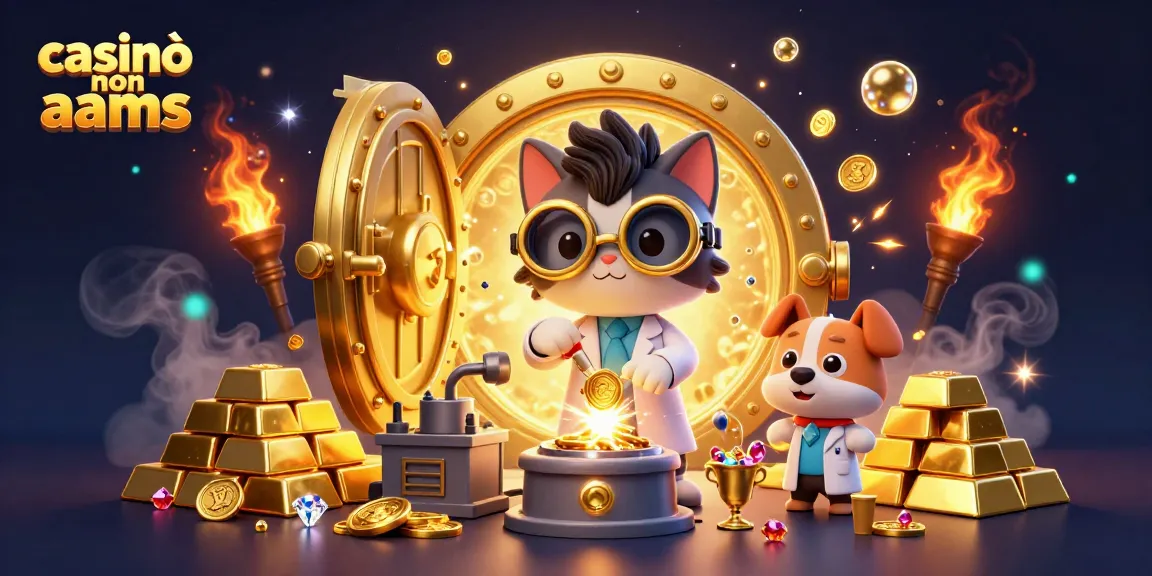 Casinò non AAMS: il gatto scienziato crea ricchezze con il suo assistente mentre tesori d'oro esplodono intorno a loro.