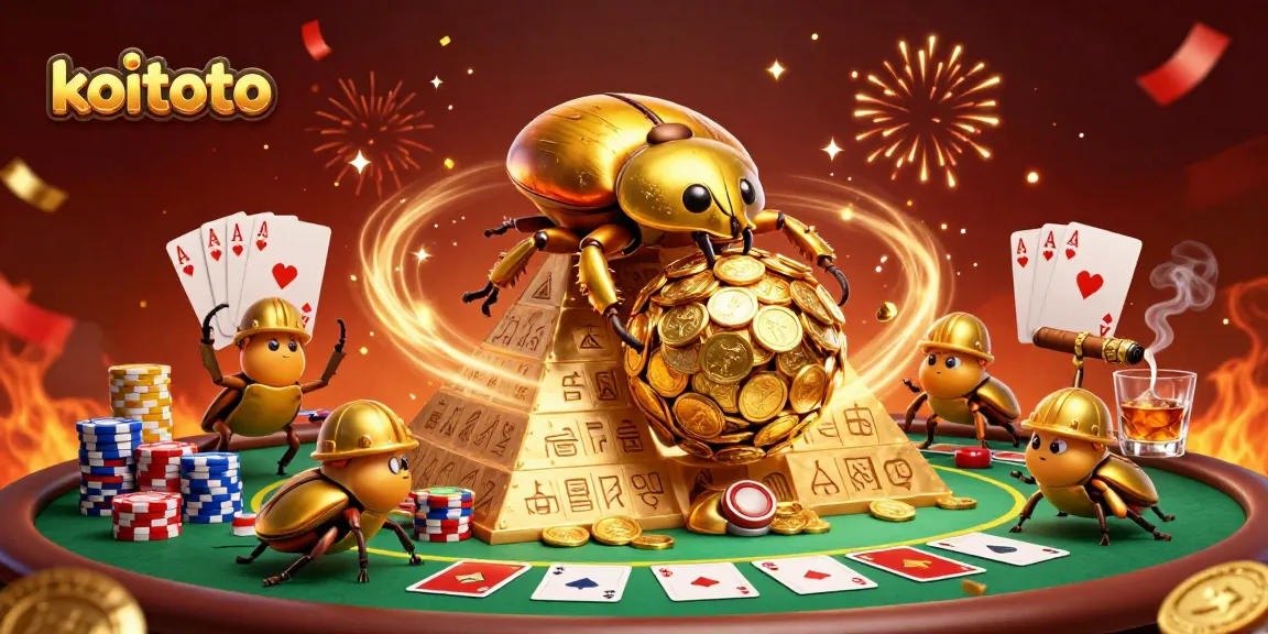 Koitoto menghadirkan ilustrasi kasino 3D dengan kotoran emas dan simbol permainan menarik.