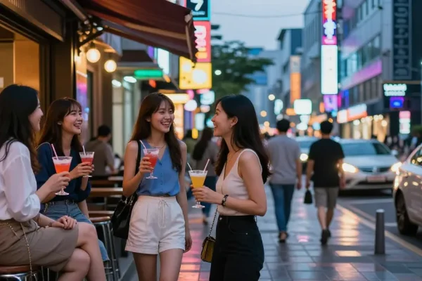 퀸알바 관련 강남의 현대적 바에서 즐거운 시간을 보내는 여성의 모습.
