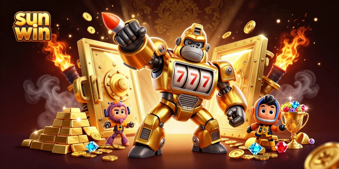 Spin and win at Sun Win with our exciting 3D illustration featuring a golden gorilla mech!