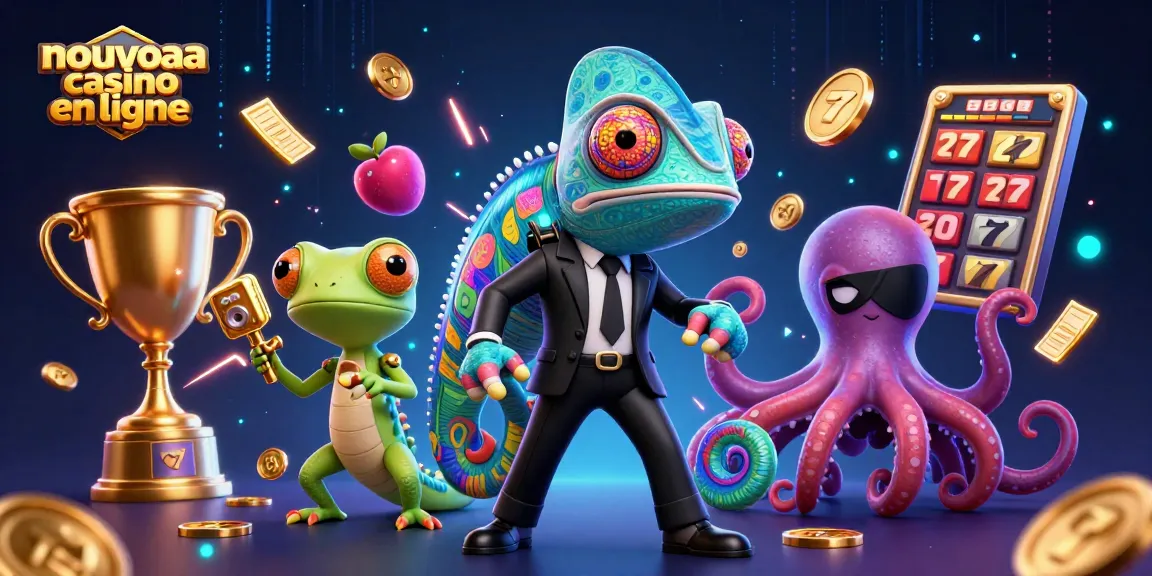 Illustration dynamique de nouveau casino en ligne avec des personnages colorés et des éléments de jeux de casino.