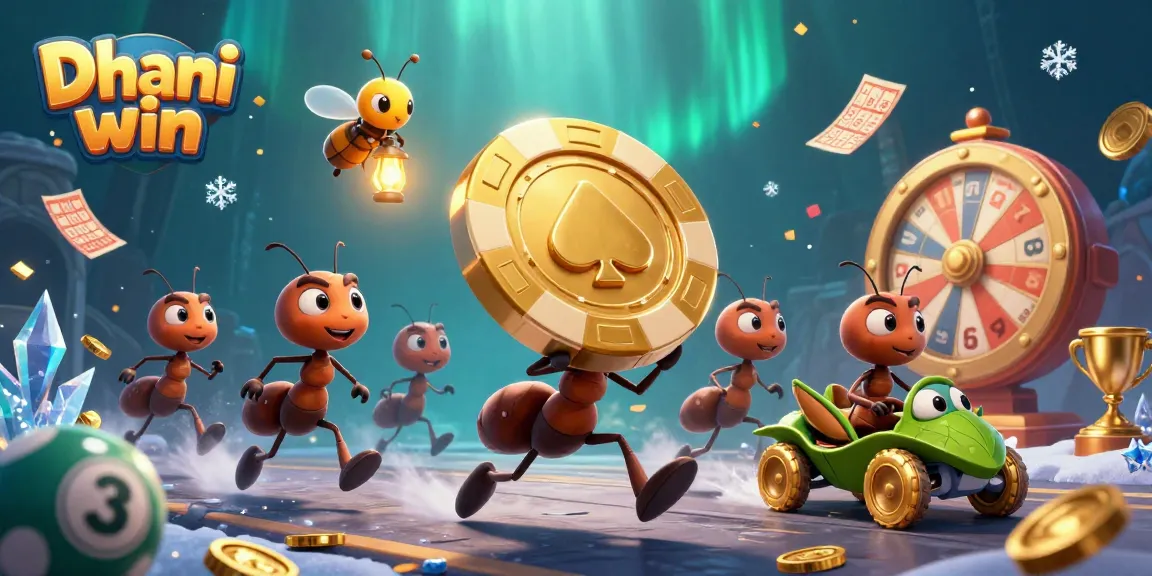 Dhani win unleashes fun with a team of animated ants joyfully carrying a giant casino chip in a vibrant lottery scene.