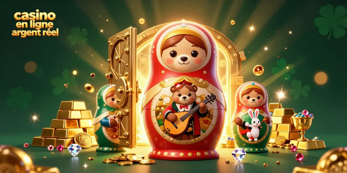 Jouez au casino en ligne argent réel avec une illustration colorée d'un ours Matryoshka et des jeux de casino.