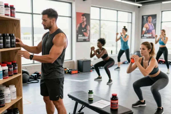 Energetic scene at Driada Medical Shop showcasing fitness enthusiasts exploring high-quality supplements and workout gear.