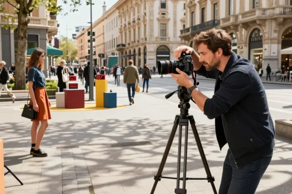 Fotografo Commerciale Milano che scatta fotografie di prodotto in un vivace contesto urbano.