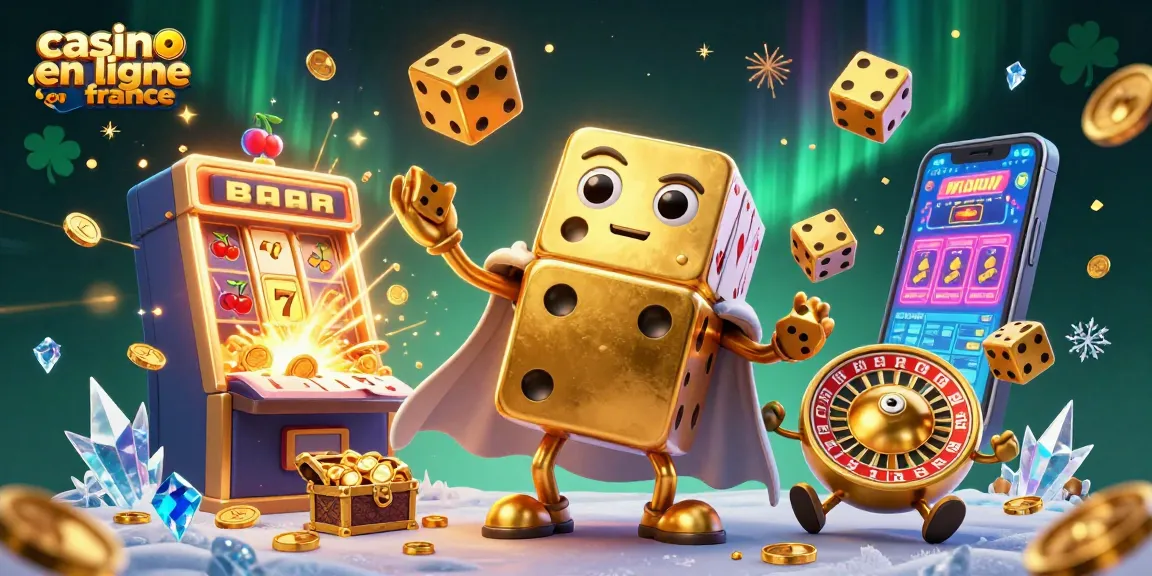 Illustration d'un casino en ligne France avec un golem de dés dorés jonglant, une explosion de jackpot et une ambiance festive.