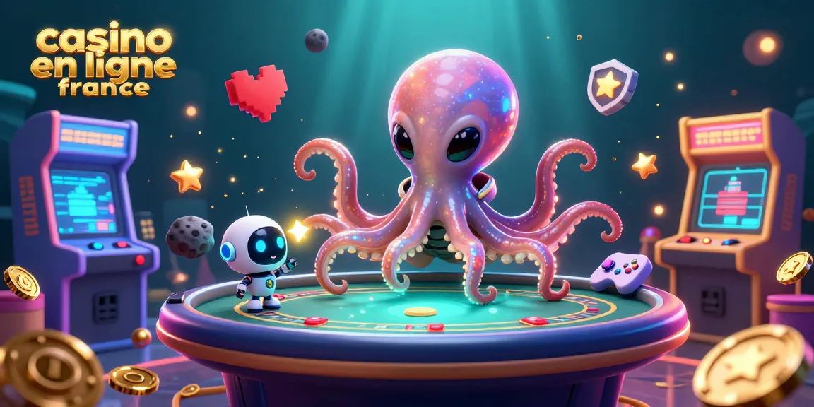 Casino en ligne France: illustrant un octopus extraterrestre jouant à des jeux de cartes holographiques interactifs.