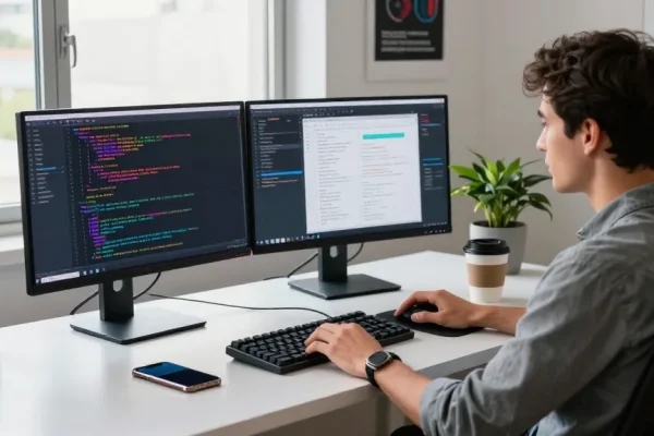 Depici Media tech workspace showcasing a developer coding with dual monitors in a modern office environment.