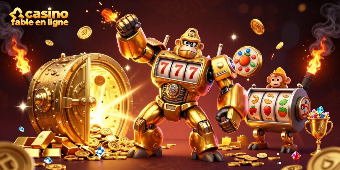 Réclamez vos gains au casino fiable en ligne avec une illustration dynamique de gorille mech en or.
