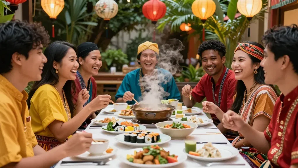 Explore cultural diversity at https://hanadultalk.com with friends enjoying Asian cuisine at a vibrant festival.