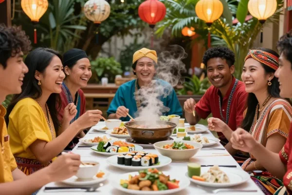 Explore cultural diversity at https://hanadultalk.com with friends enjoying Asian cuisine at a vibrant festival.
