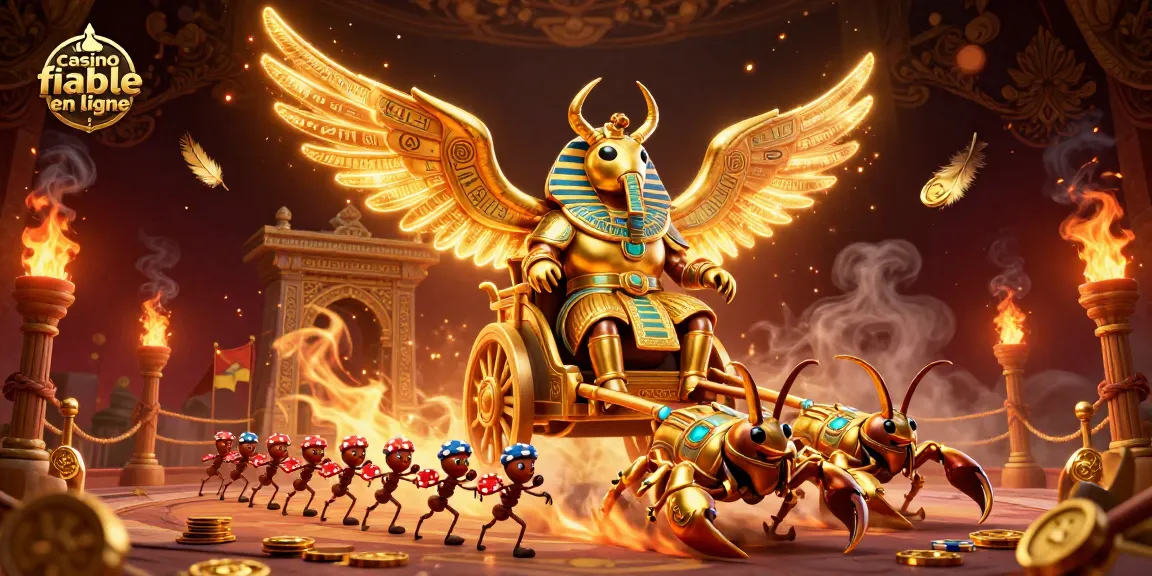 Illustration d'un scarabée colossal d'or représentant un casino fiable en ligne avec des scorpions et des soldats fourmis.