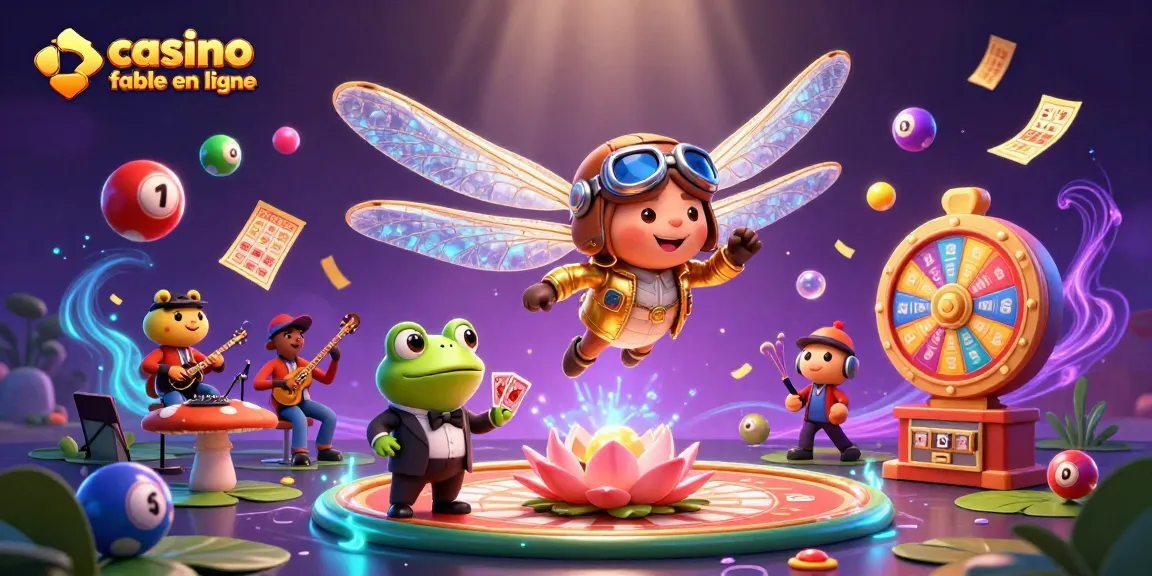 Découvrez un casino fiable en ligne populaire avec un libellule en pilote et un croupier grenouille qui distribue des cartes.