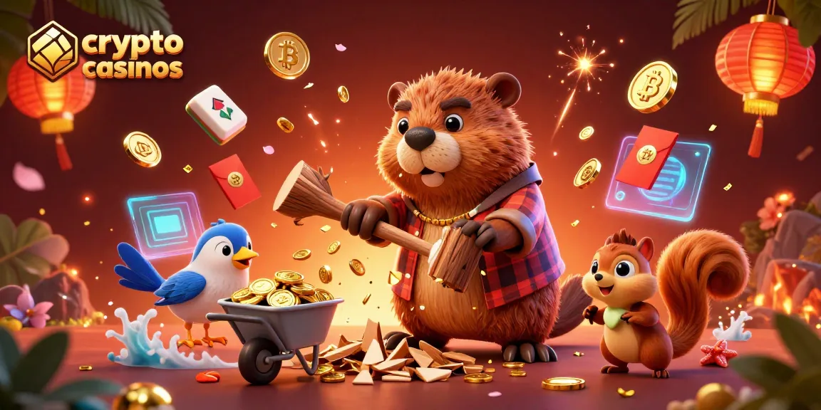 Illustration dynamique d'un castor en chemise à carreaux, dans un casino crypto, récolte des pièces d'or.