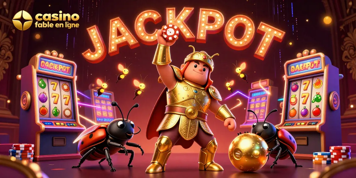 Ce casino fiable en ligne met en scène un scarabée en armure levant un jeton de poker, entouré de machines à sous colorées.